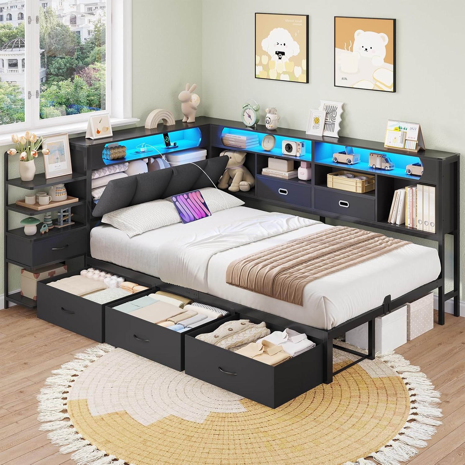 DICTAC Jugendbett 90x200 cm mit 6 Schubladen, LED-Beleuchtung & Lade-Station – Multifunktions-Schlafsofa inkl. integriertem Nachttisch und verstecktem Kopfteil-Stauraum (Schwarz) AQ9618614