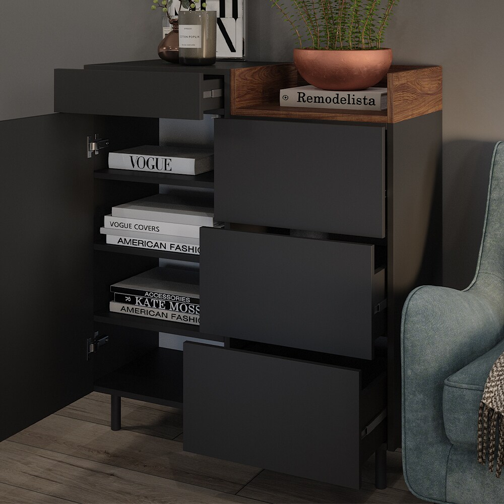 Vicco Kommode Anika, 89 x 100 cm, Anthrazit Walnussbraun mit Tür, 4 Schubfächer