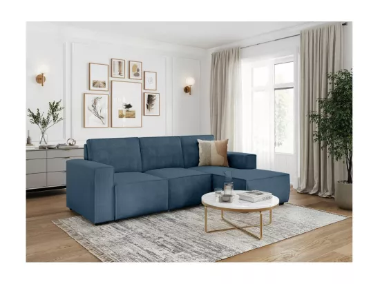 Canapé d'angle droit de relaxation électrique Charline 3 places en velours côtelé - Bleu foncé - L269 x P166 x H92cm - Loungitude