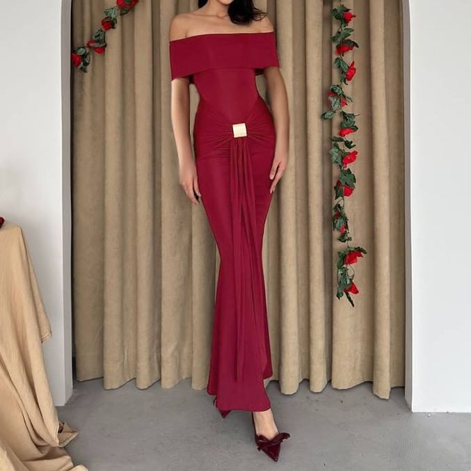 Alizio - Maxi-jurk met korte mouwen en off-shoulderprint en ruches