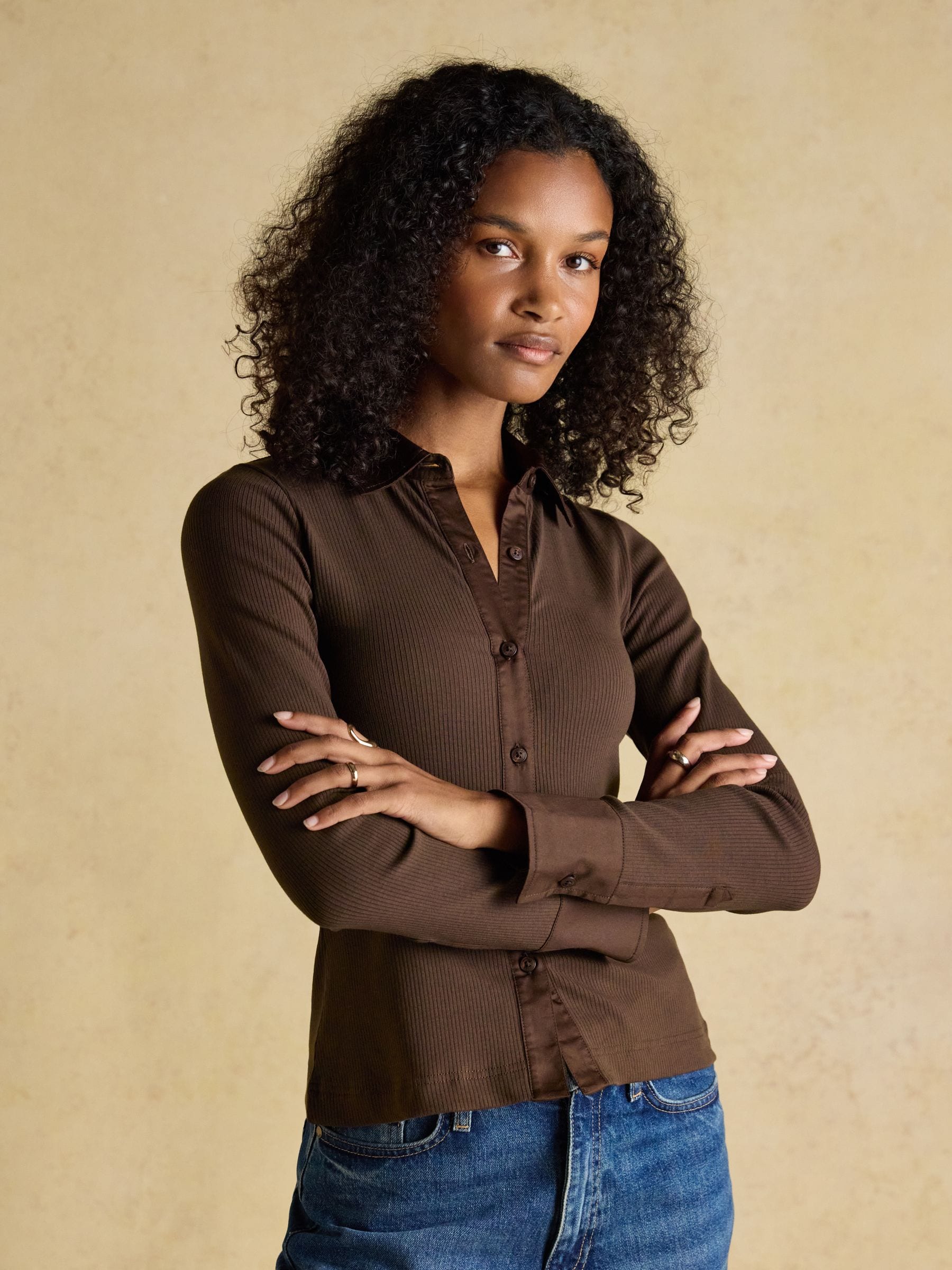 Chocoladebruin - Anita Cotton-Rich Long Sleeve Ribbed Jersey Shirt