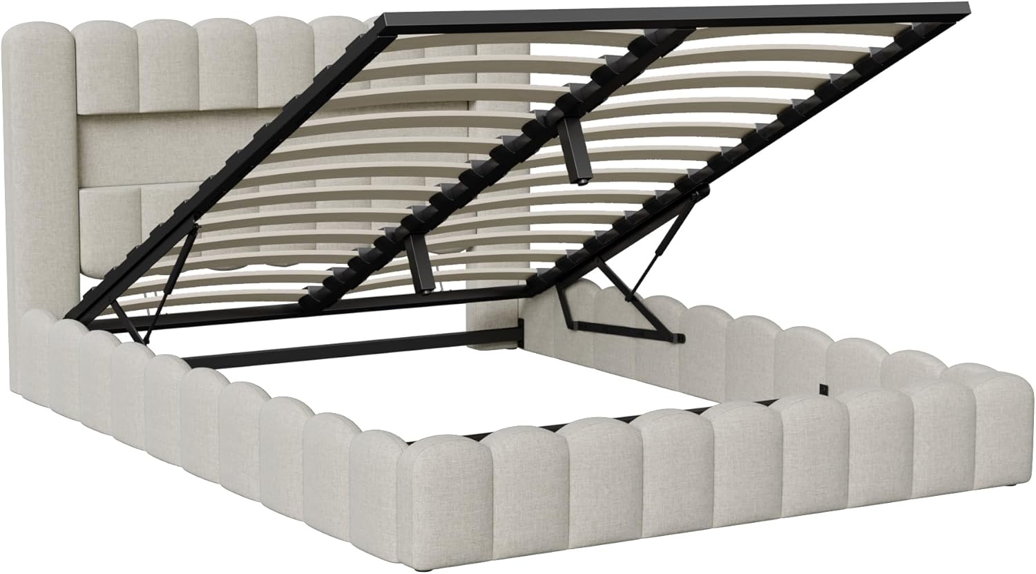 Polsterbett Bubble Bett 180x200 cm, Doppelbett Stauraumbett Jugendbett mit Bettkasten und Stauraum-Kopfteil, Funktionsbett (Weiß + Leinen, 180x200cm)