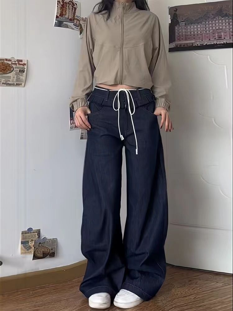 Coline - Lage taille, geplooide afwerking, gewassen wijde cargojeans