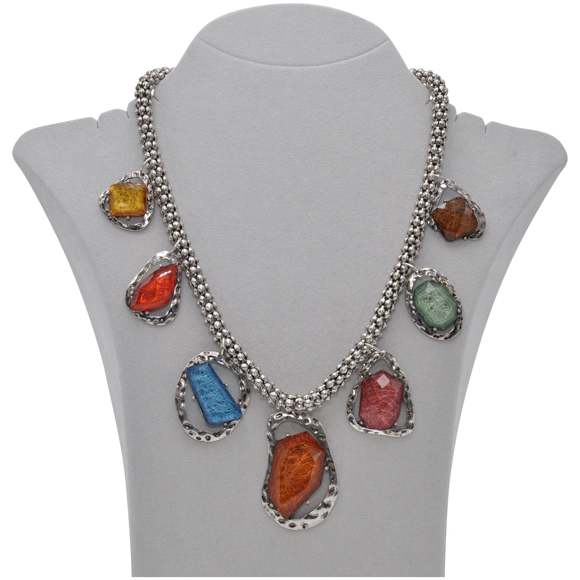 Steuer Modeschmuck Kette Breite Metall Kette altsilberfarben mit 7 bunten Glassteinen