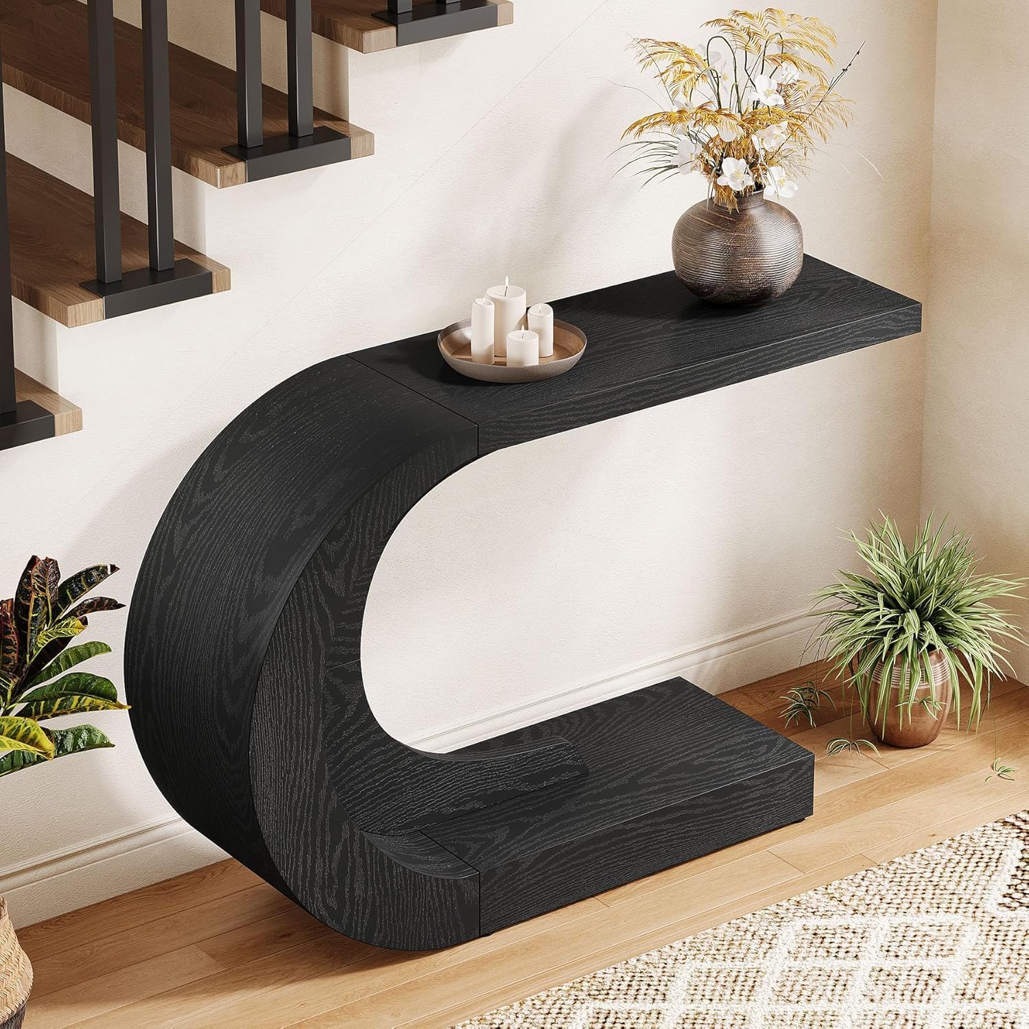 Tribesigns Mid-Century Modern-Stil Konsolentisch, C-förmiger Konsolentisch aus Holz für den Flur, Wohnzimmer, Eingang, Foyer, einfache Montage, Schwarz, 110 x 35 x 75 cm (Schwarz)