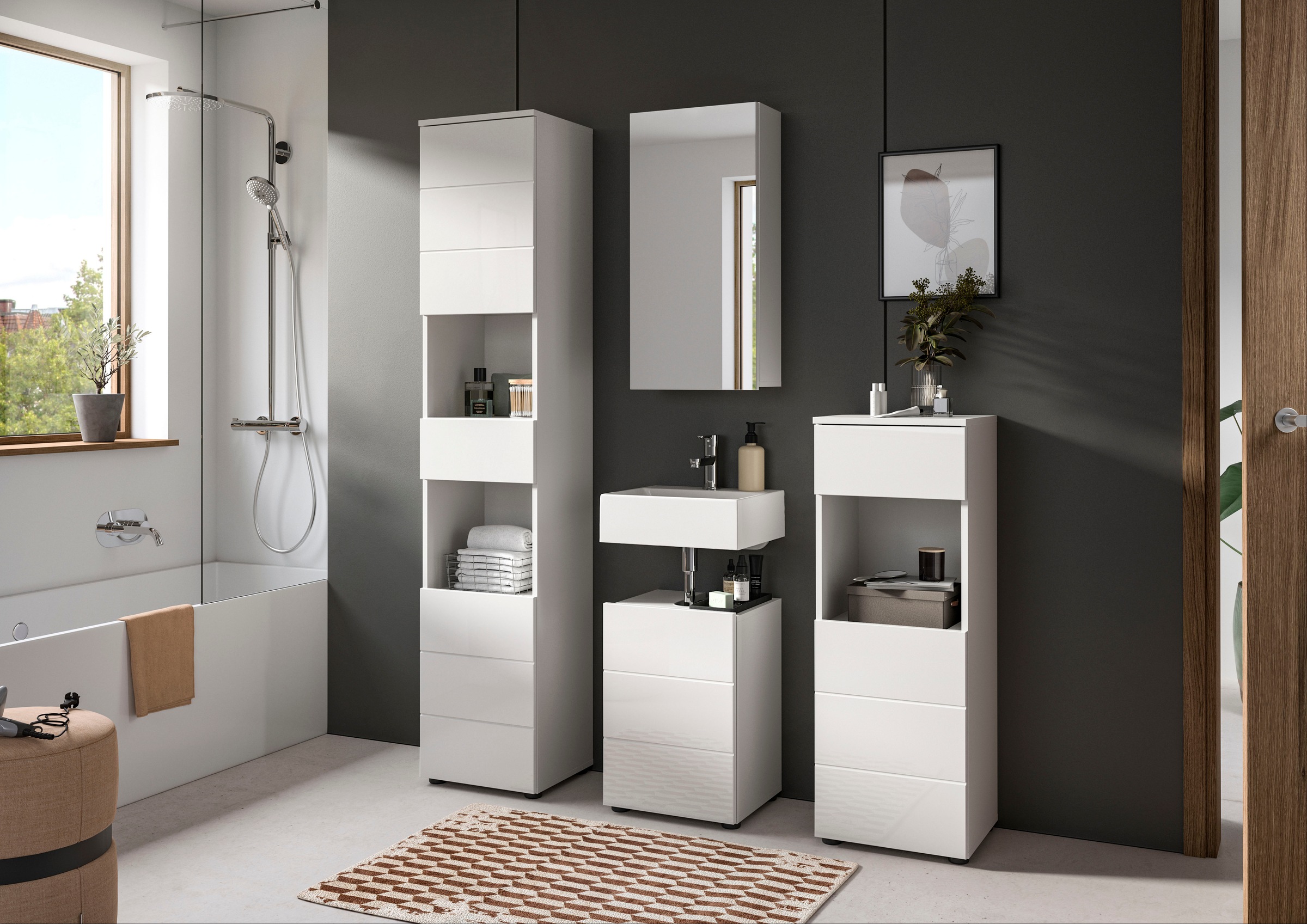 welltime Badmöbel-Set »Biel, Höhe 190 cm, Hochschrank, Unterschrank, Spiegelschrank« 3 Stk. tlg.