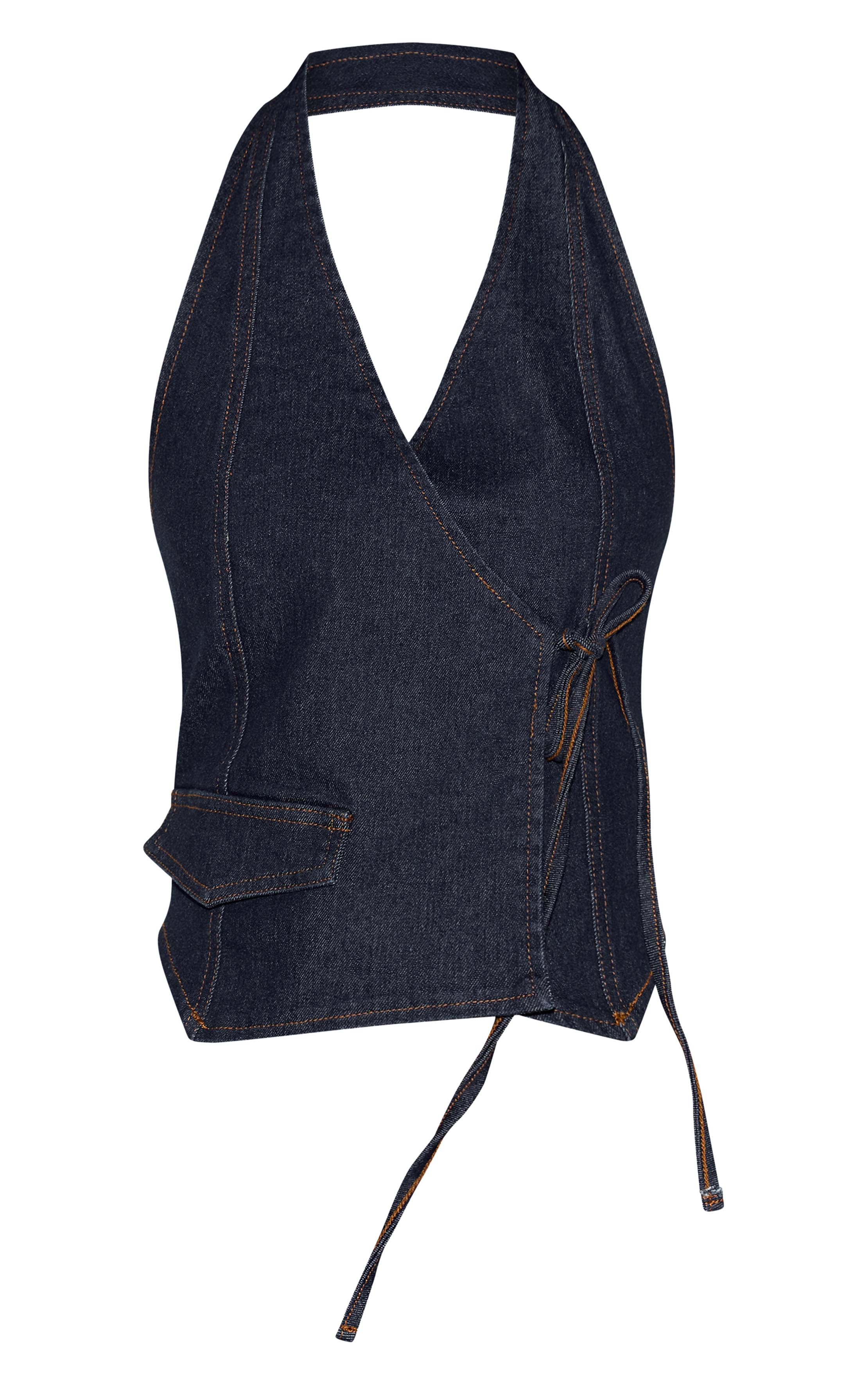 Bleu Indigo Gilet En Denim Sans Manches Col Licou Avec Devant Croisé