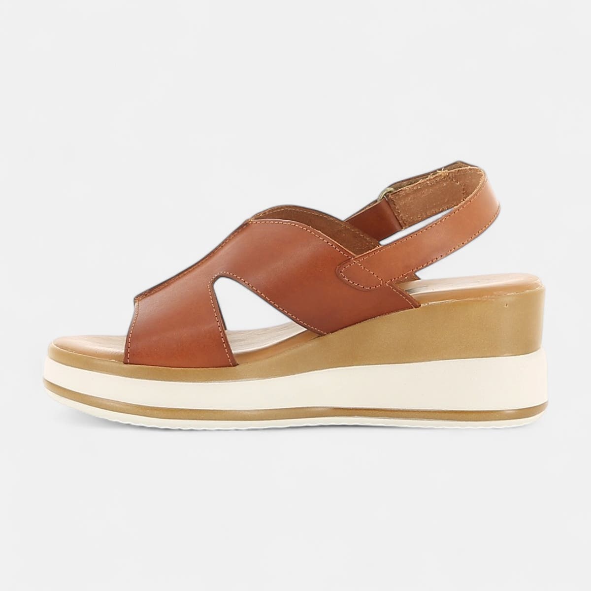 Nu-pieds à talon compensé Femme en cuir cognac