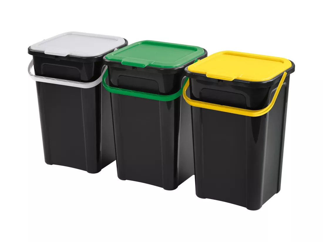 Lot de 3 poubelles 44L avec poignées colorées 38,5x34,5x65
