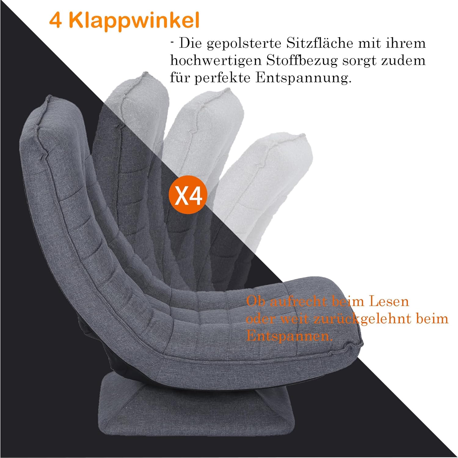 Relaxsessel Bequemer Bodensessel mit 4 Fach Verstellbarer Rückenlehne, 360° Drehfunktion Klappmechanismus, 13cm Polster, 150kg belastbar fürs Wohnzimmer Schlafzimmer (Grau)