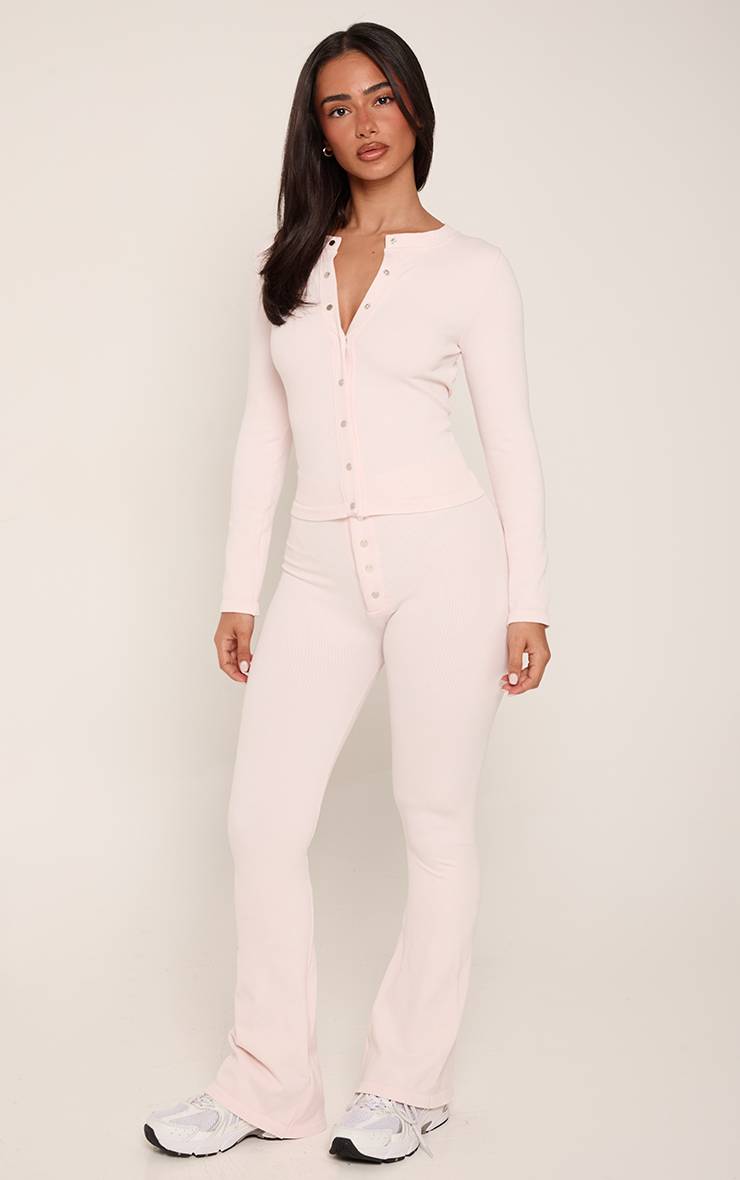 Rose Clair Petite Haut Long Côtelé Contour À Manches Longues Boutonné Ensemble Coordonné