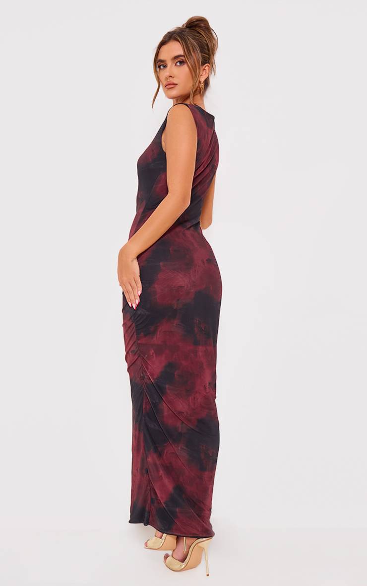 Rouge Bordeaux Robe Longue Moulante En Mesh À Imprimé Floral