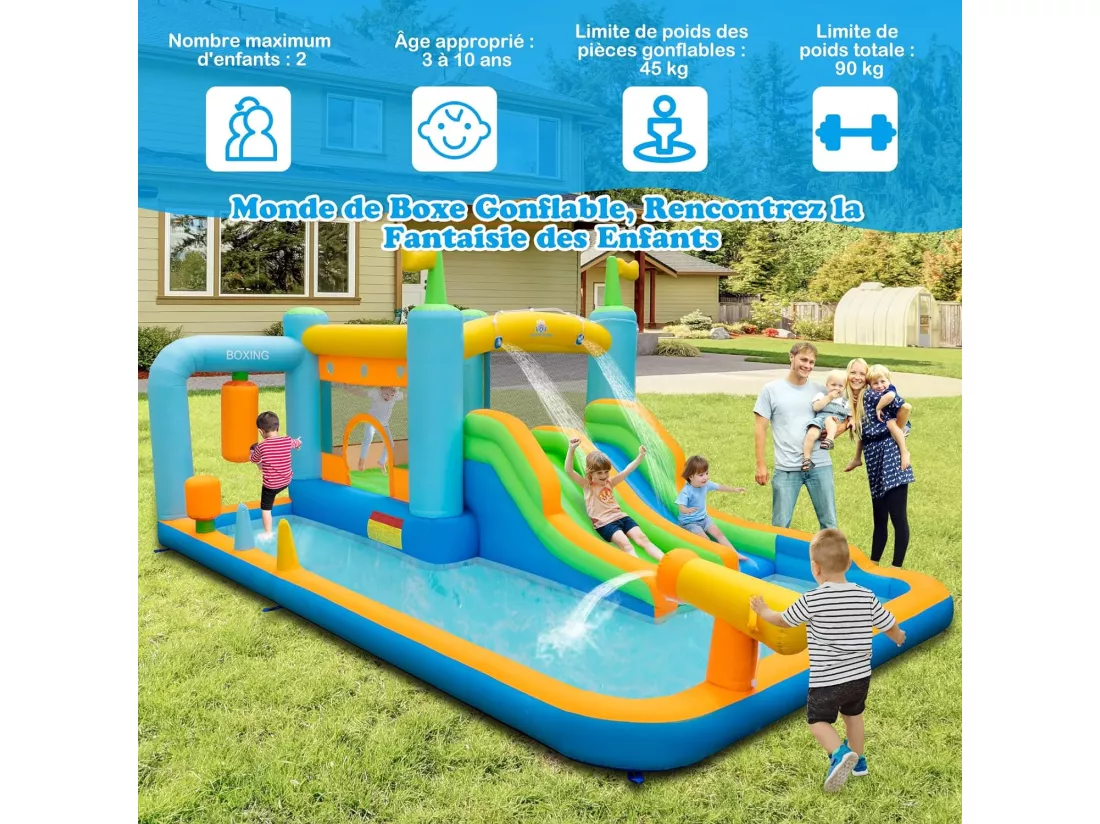 6 en 1 Château Gonflable avec Double Toboggan & Sac de Sable de Boxe, Aire de Jeux Gonflable avec Maison de Saut & Panier, Charge 90kg pour 2 Enfants de 3-10 Ans, 503x348x228CM