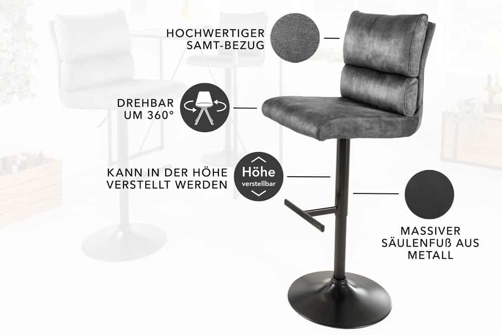 riess-ambiente Barhocker COMFORT - höhenverstellbar dunkelgrau Samt schwenkbar Barstuhl Fußablage