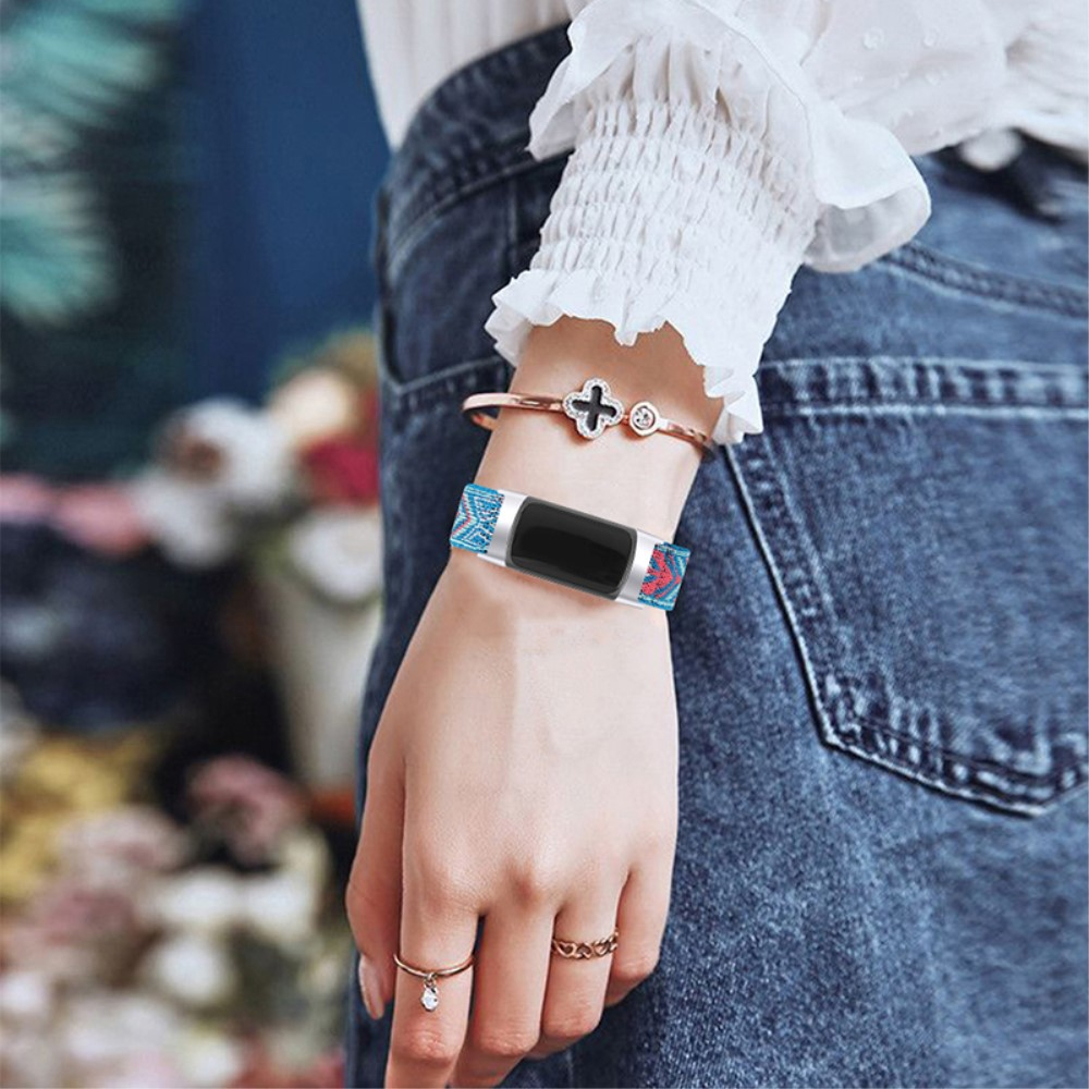 Fitbit Charge 6 / 5 Elastisches Nylon Gummi Armband (Gelenkumfang: 155-235mm) - Türkis / Rosa