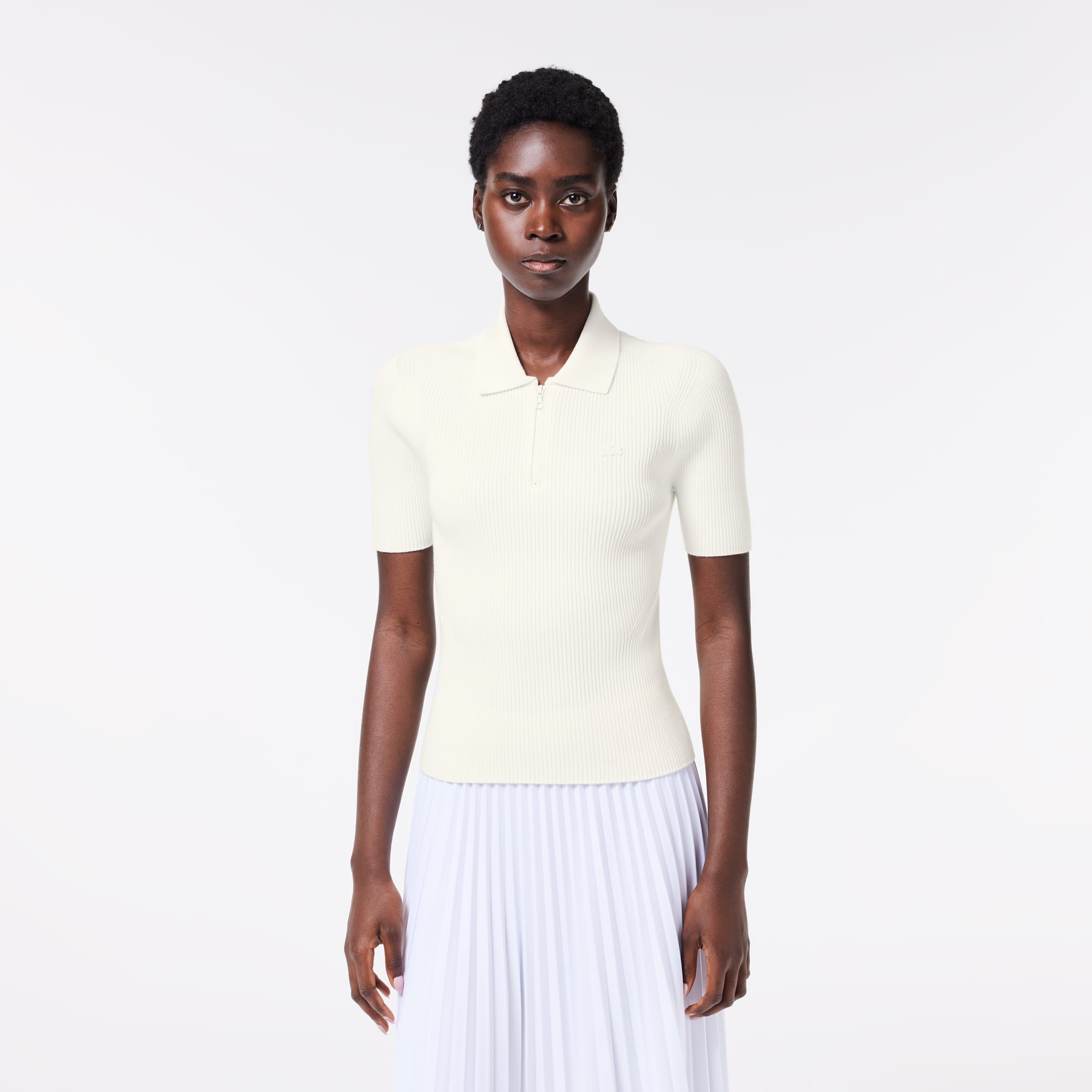 Polo col zippé femme Lacoste en maille Pullovers - Blanc - Lacoste - Femme