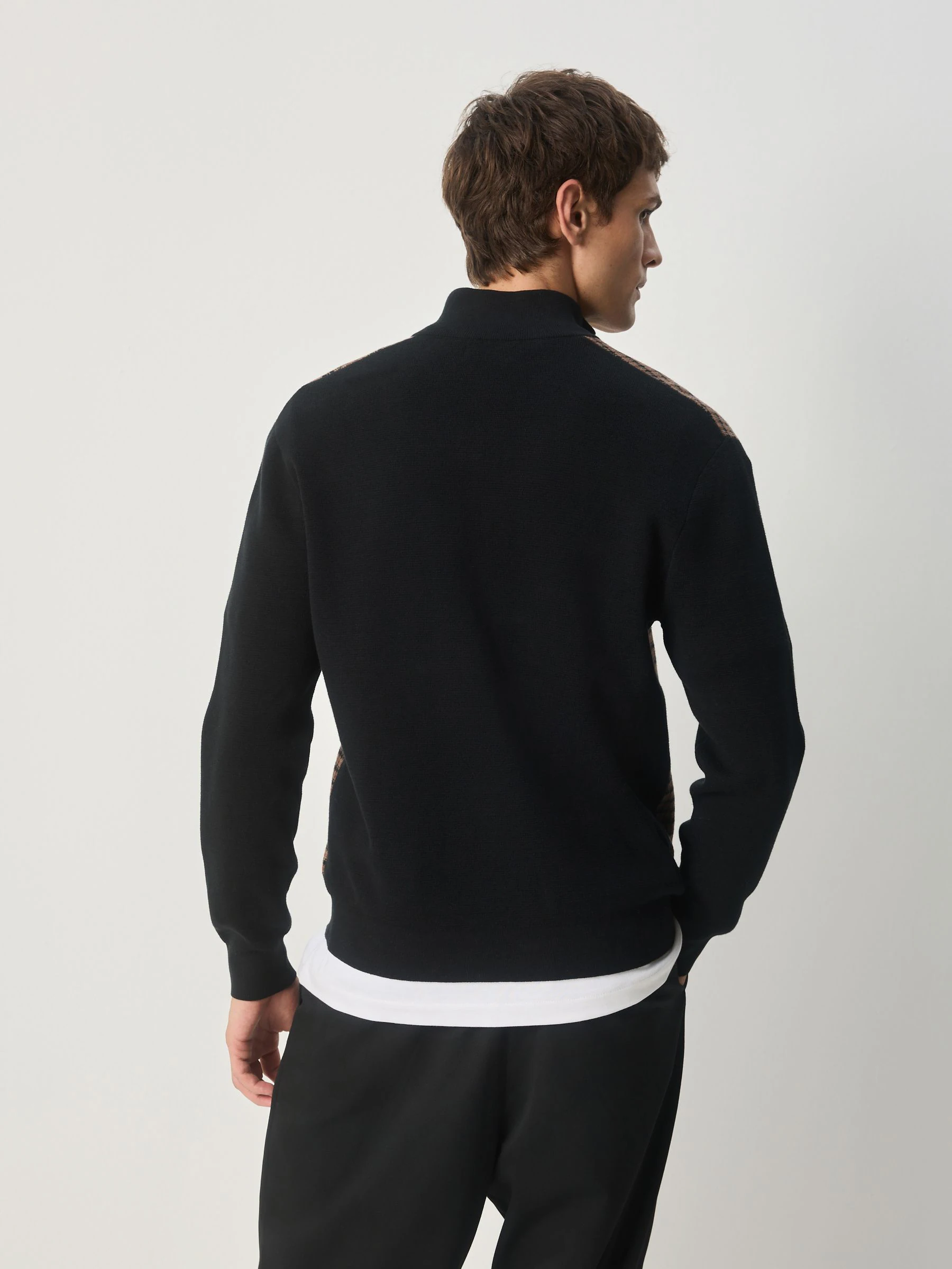Zwart/bruin - Regular Fit Houndstooth Pattern Collared Zip-Through Cardigan