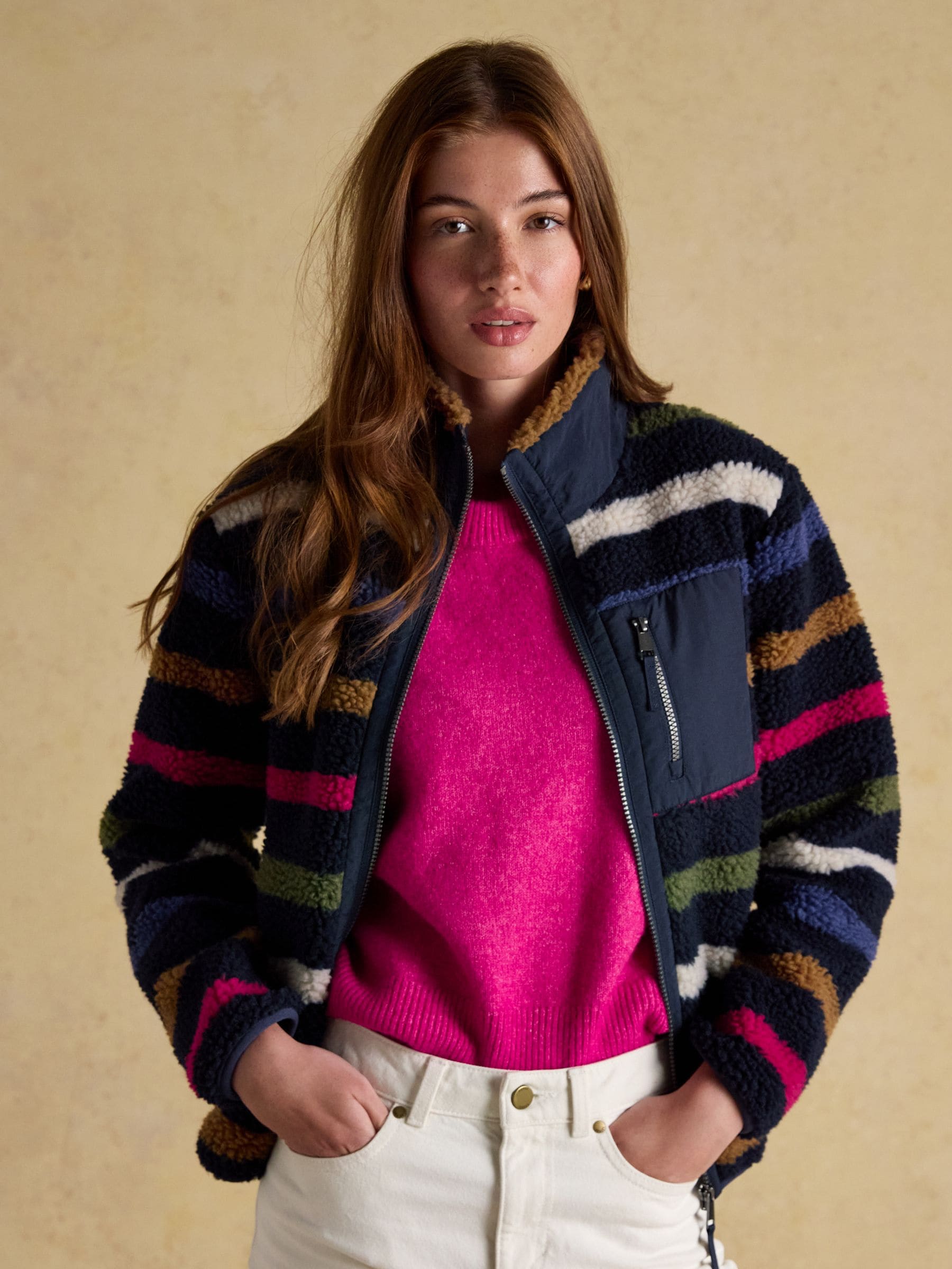 Marineblauw met meerdere strepen - Joules Lottie borg fleece met ritssluiting