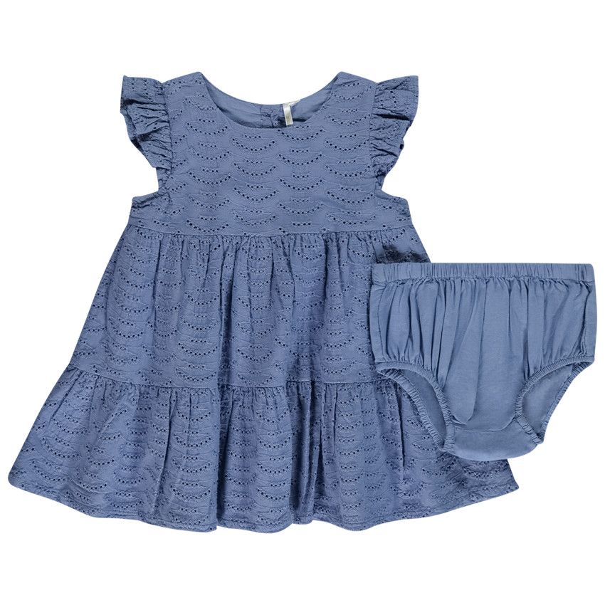 Ensemble 2 pièces uni en broderie anglaise pour bébé fille - Bleu moyen