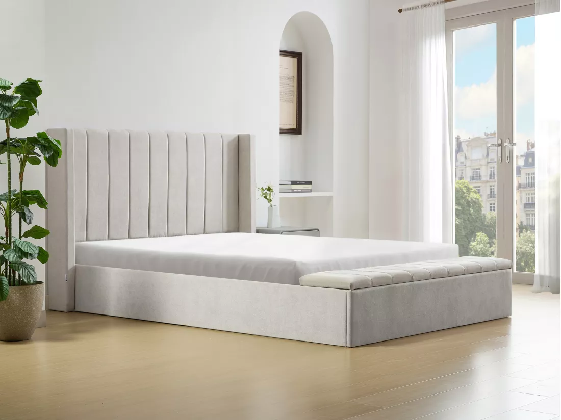 Lit coffre 160 x 200 cm avec banc - Tissu - Beige - DOUINO