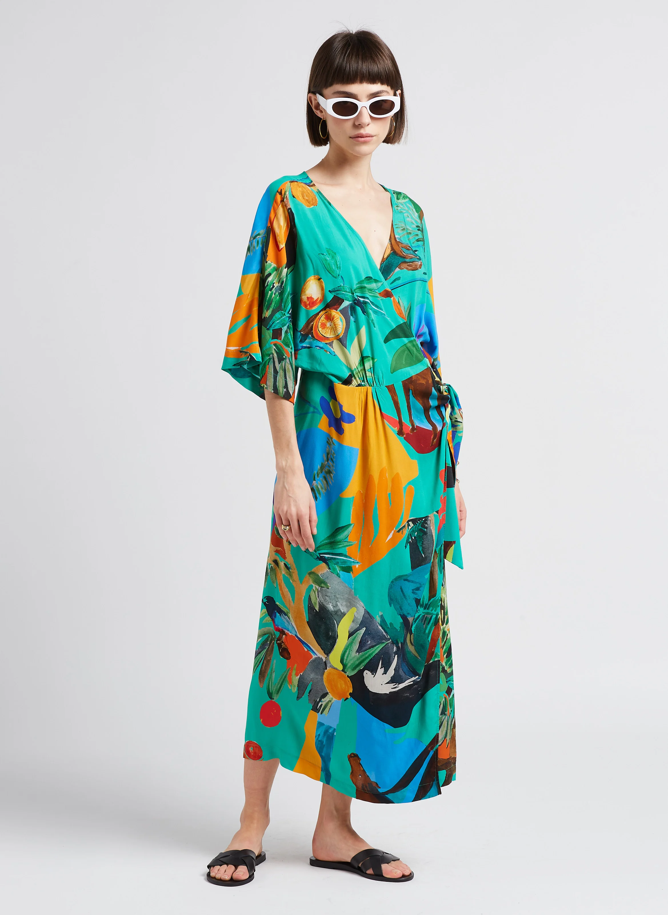 PARAISO - Robe longue col V imprimé tropical | Vert