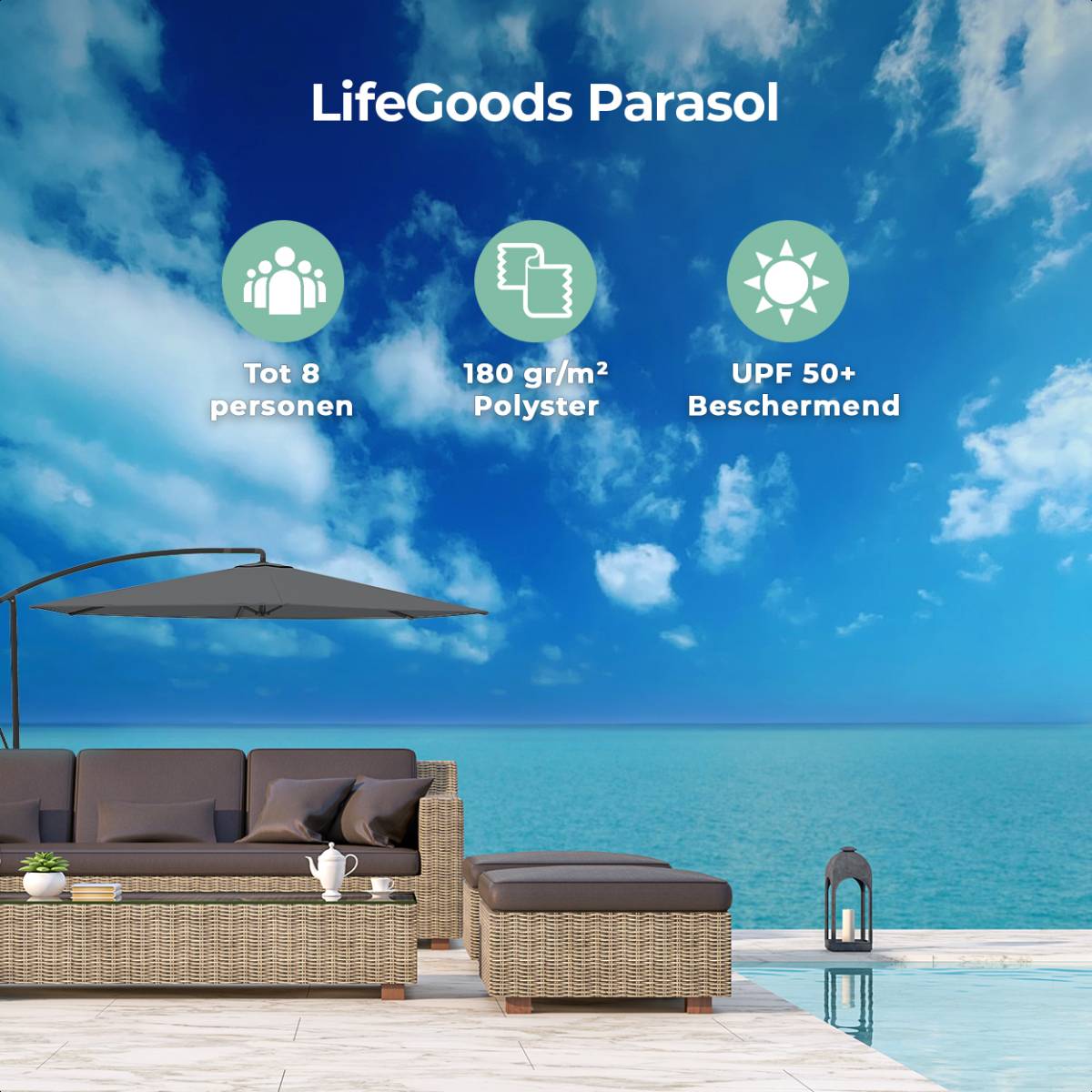 LifeGoods 300 cm zweefparasol met hoes en kruisvoet - Dark Grey