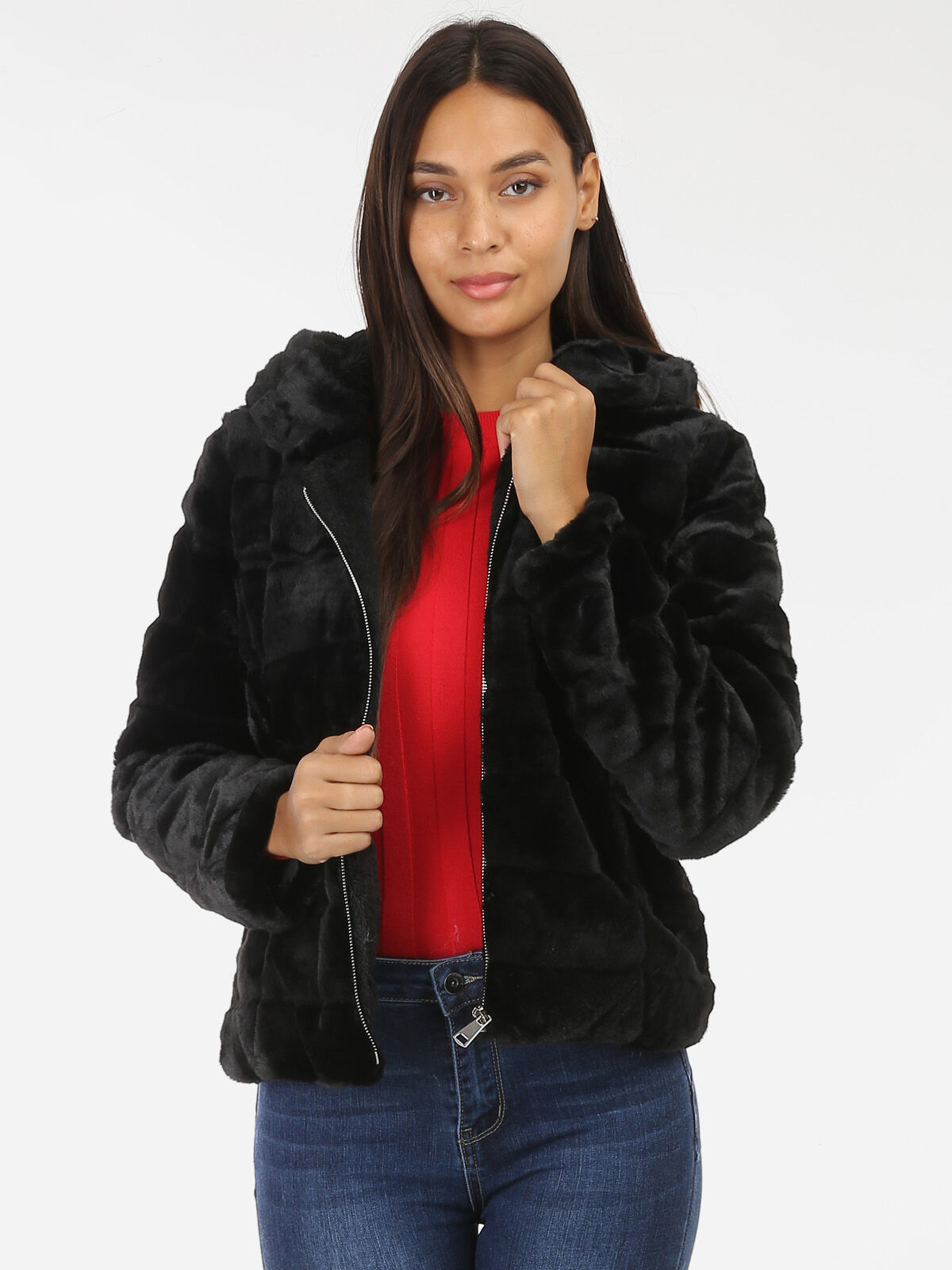 Manteau court fausse fourrure à capuche- Noir