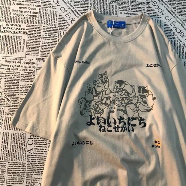 Rosesand - Unisex T-shirt met korte mouwen en katten- en letterprint, losvallend