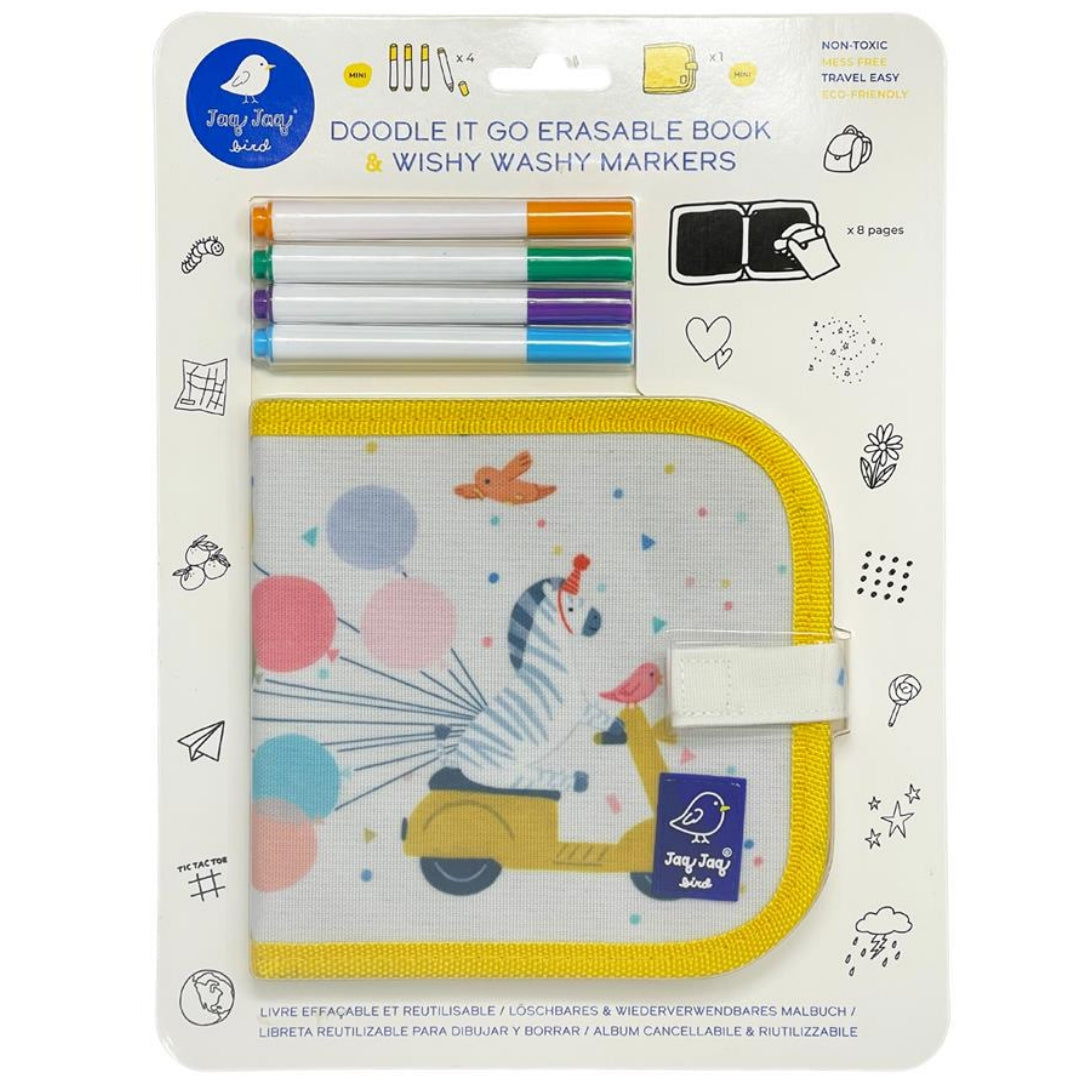 Jaq jaq bird uitwisbaar krijtboek mini met markers - zebra