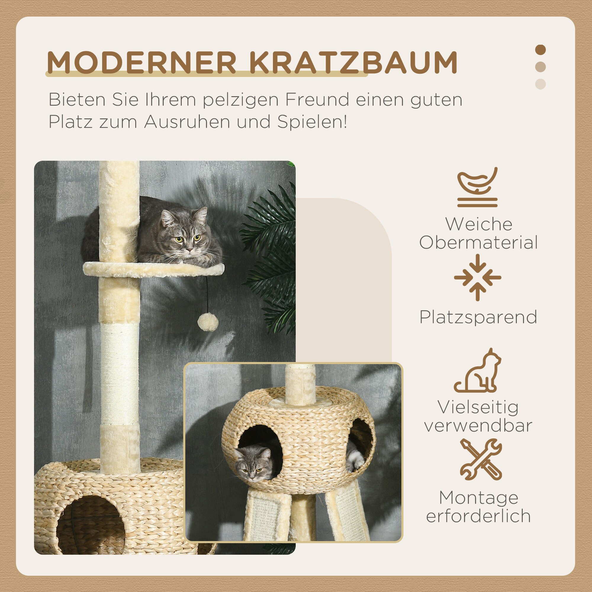 PawHut Deckenanpassbarer Kratzbaum mit Spielball beige 48L x 48B x 225-255H cm