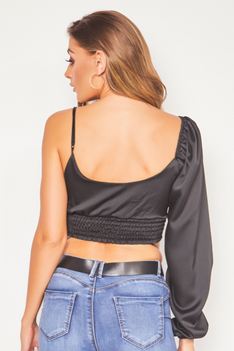Crop top noir satiné one shoulder