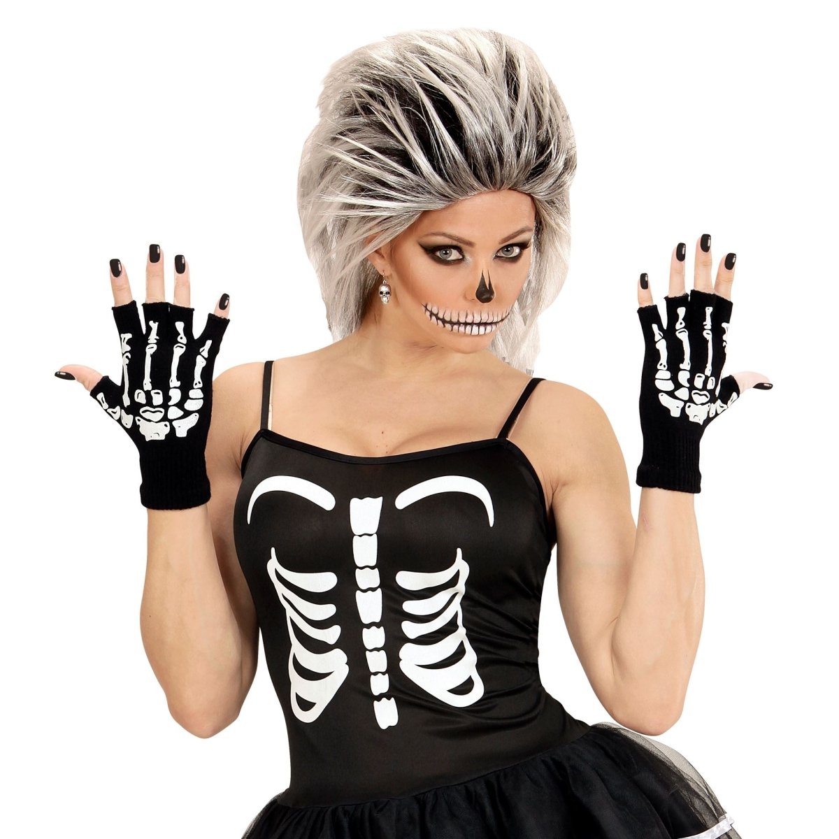 Halloween Handschoenen Zwart Wit Skelet Vingerloos