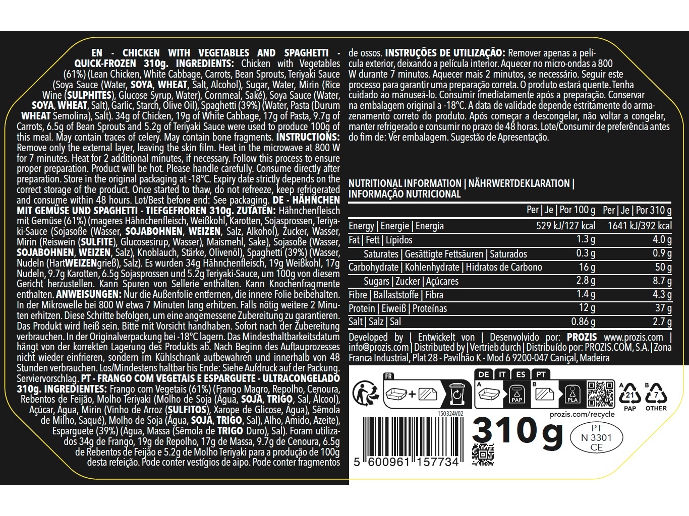 REFEIÇÃO PROZIS DIET FRANGO CHOW MEIN 310G