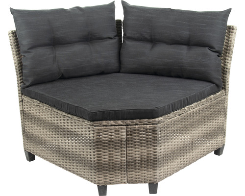 Tuinset voor 6 personen, bestaande uit: 2 banken, 1 hoekmodule, fauteuil, 2 krukken, tafel. Polyrotan, aluminium, grijs.