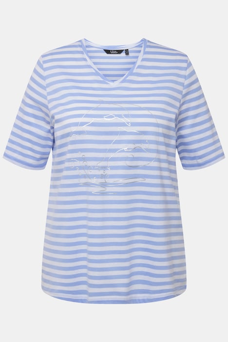 Shirt, Ringel, Metallic-Tier, V-Ausschnitt, Halbarm