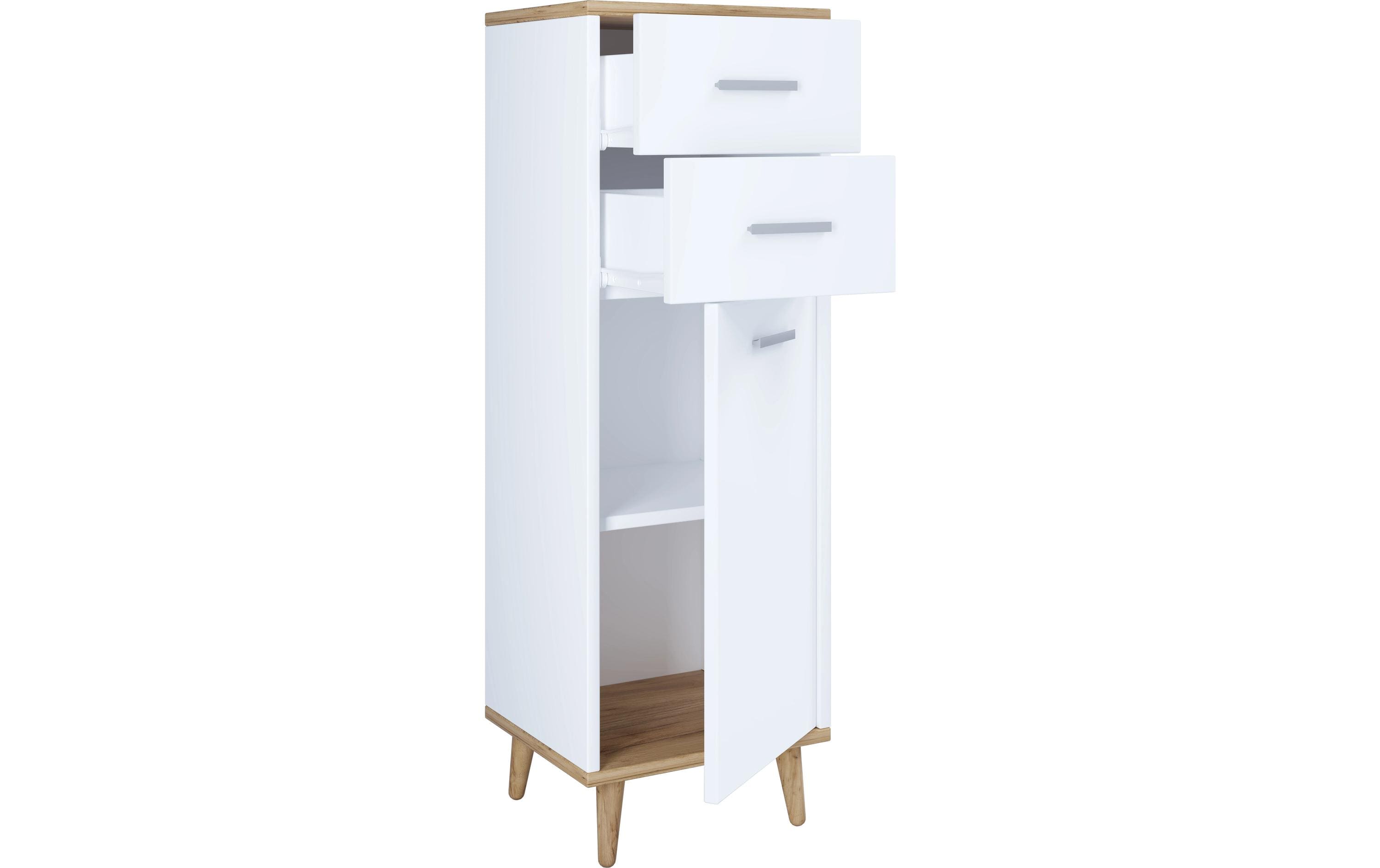 Badezimmerregal Landos Midi 32 x 97 cm, Weiss/Honig-EicheModerner Badezimmerschrank