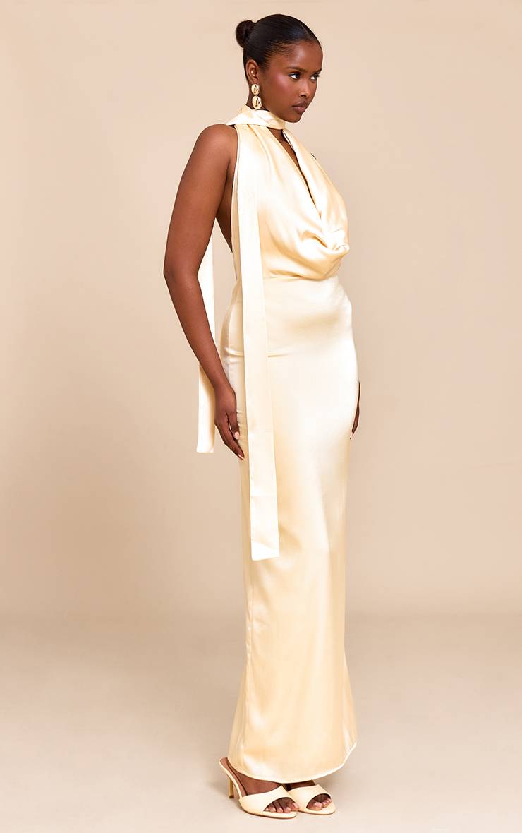 Butter Yellow Robe Longue Drapée En Satin À Col Bénitier