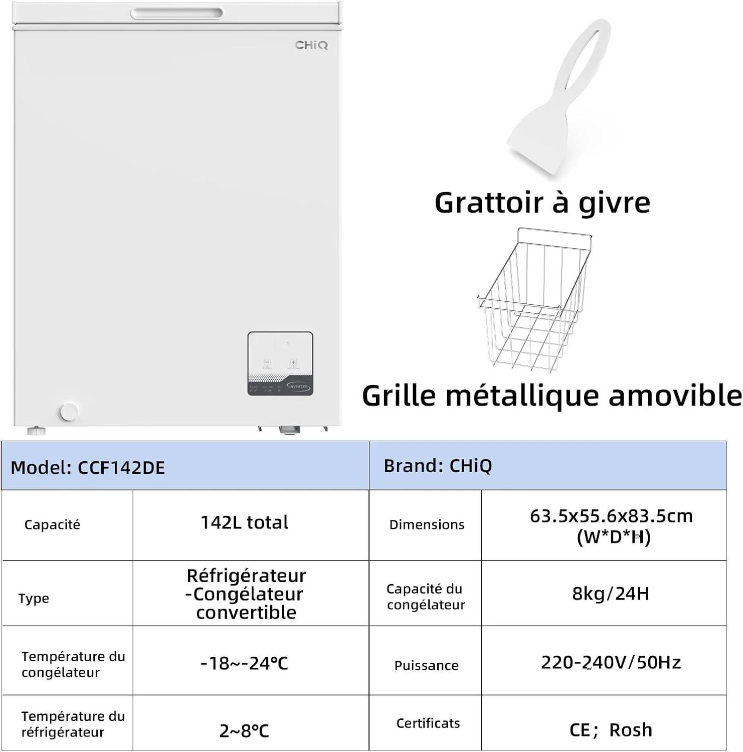 Congélateur coffre CHiQ 142L, 63,5 x 55,6 x 83,5cm, Congélateur Inverter, Affichage de la température extérieure, Mode de congélation rapide -32℃, Grille métallique,Faible bruit
