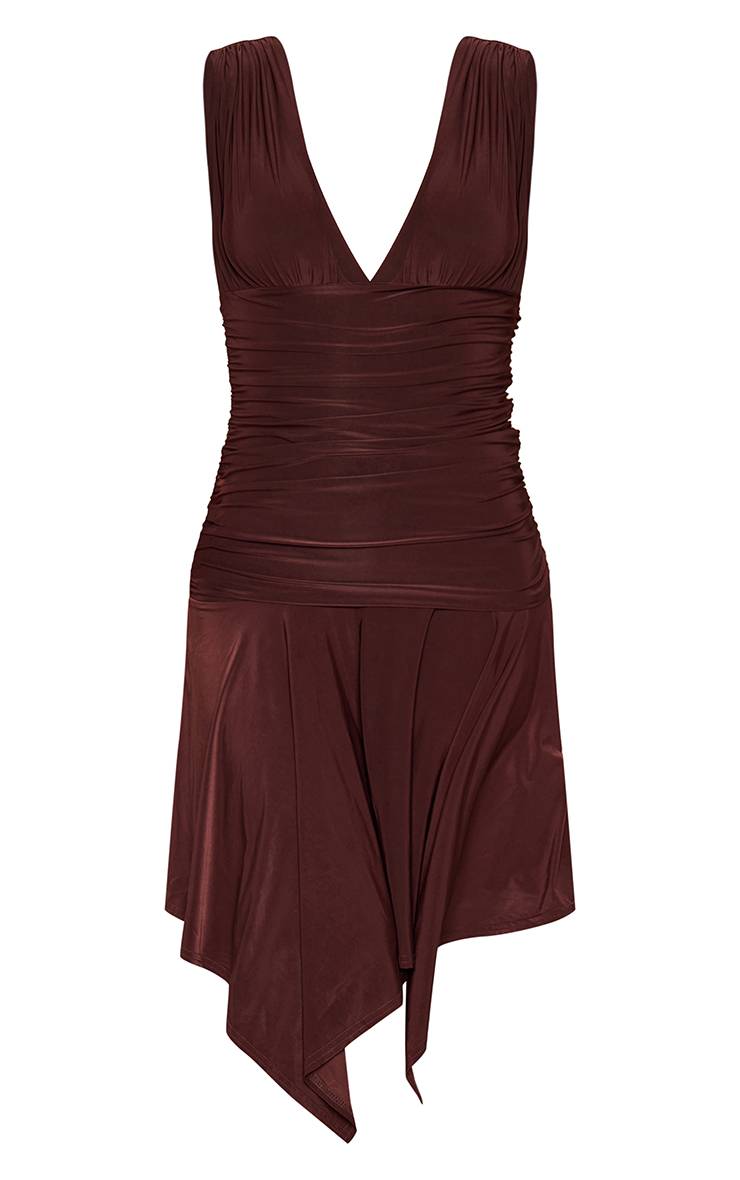 Chocolat Robe Midaxi Asymétrique À Double Couche En Tissu Slinky Avec Décolleté Plongeant Et Fronces
