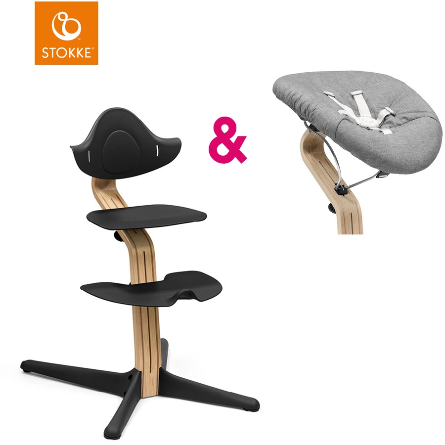 STOKKE® Nomi® Hochstuhl Eiche natur  schwarz inkl. Newborn Set schwarz  grau pink