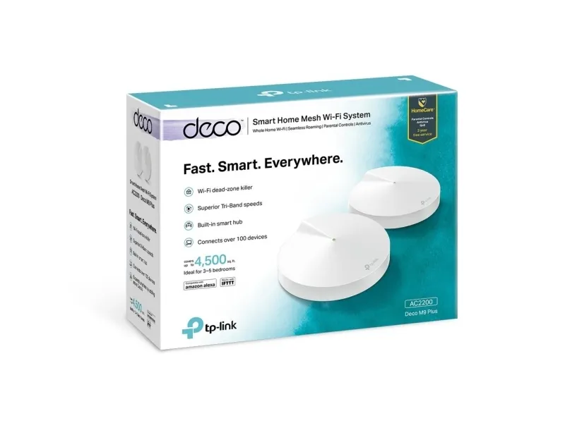 TP-Link Deco M9 Plus - Wi-Fi-system (2 routere) - op til 4500 sq.ft - mesh - GigE, ZigBee - 802.11a/b/g/n/ac, Bluetooth 4.2, ZigBee Home Automation 1.2 - Tri-Band