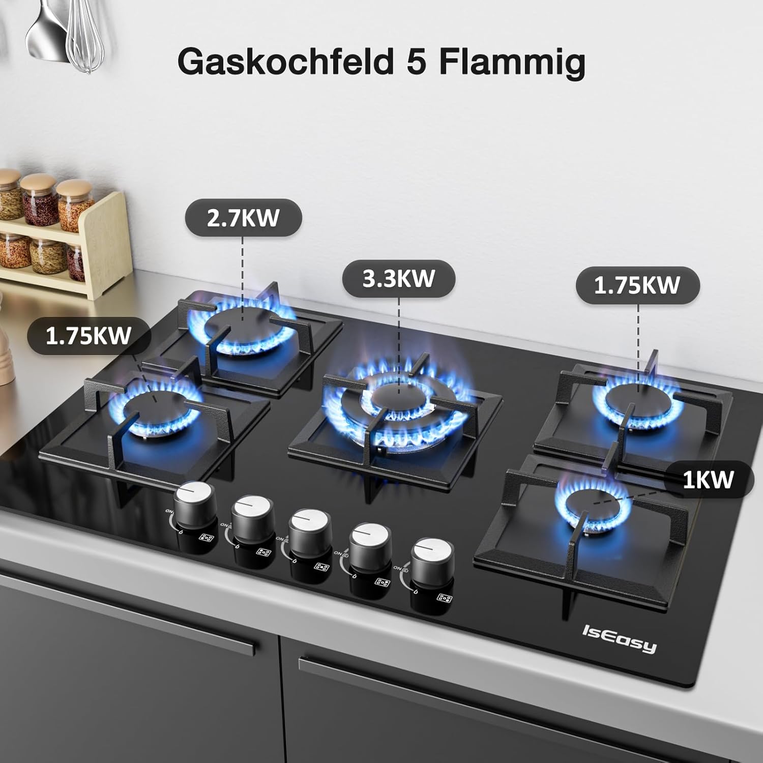 Gaskochfeld 5 Flammig, IsEasy Glas Gaskochfeld mit Automatischer Thermoelementschutz, Einbau 5 Zonen Glas Gaskochfeld, Erdgas(20mbr)/Propangas(30/50 mbr), Schwarz Glasherd, 77cm, 10.5KW
