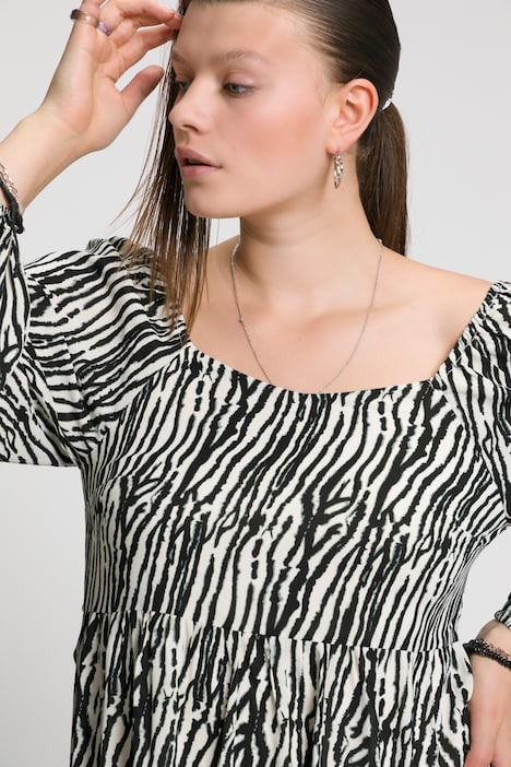 Zebra-Kleid, A-Line, Carree-Ausschnitt, Langarm, Jersey-Unterkleid