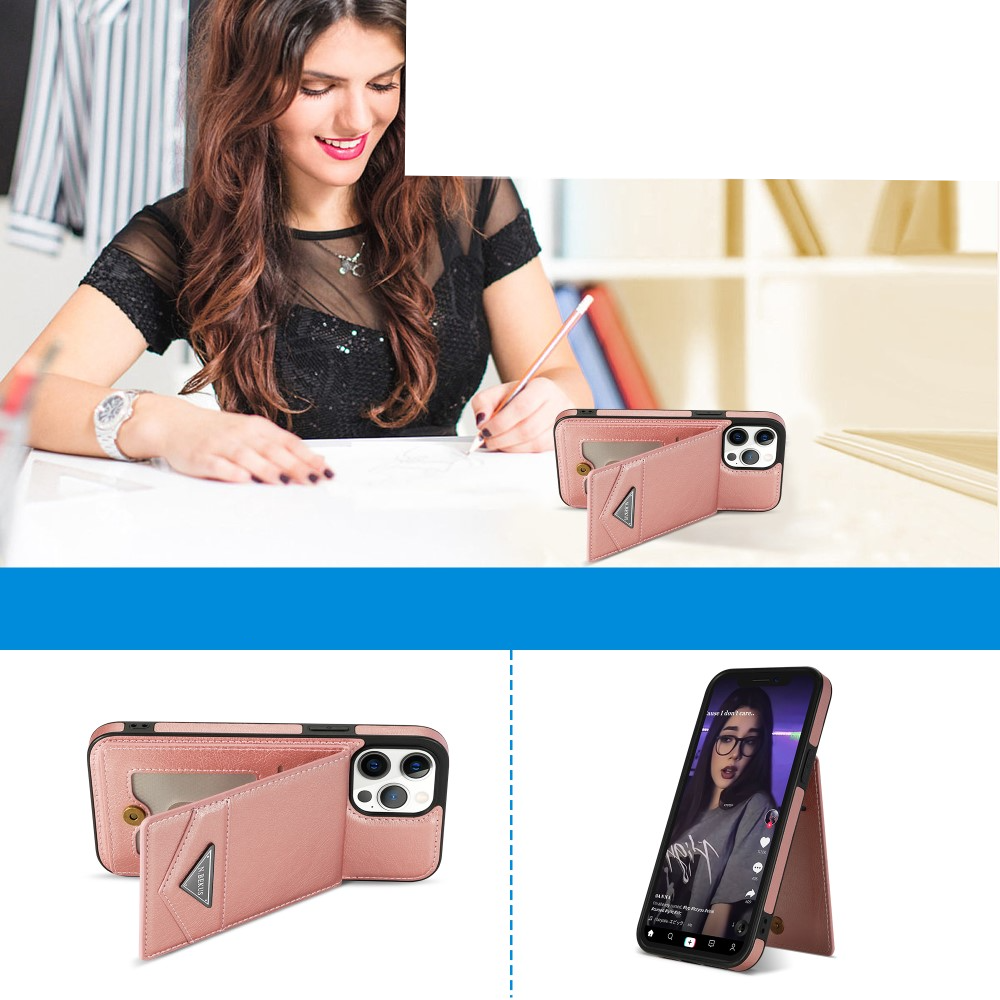 iPhone 15 Pro Hybrid Leder Hardcase Hülle mit Kartenfächer mit Aufsteller (RFID Schutz) - Roségold