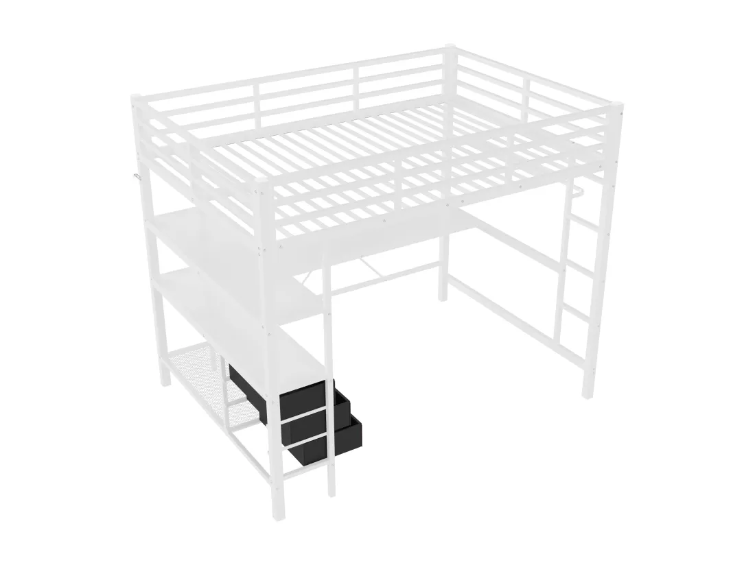 Lit mezzanine 140x200cm avec LED et prises - bureau avec 3 tiroirs et étagère - Blanc