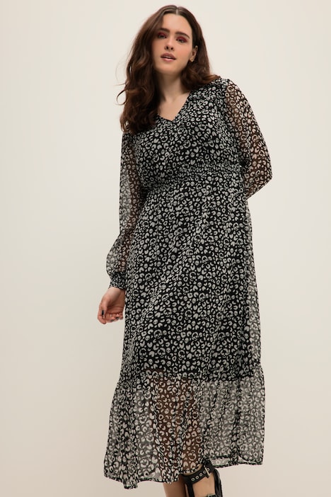 Maxikleid, A-Line, Totenkopf Print, V-Ausschnitt, Langarm