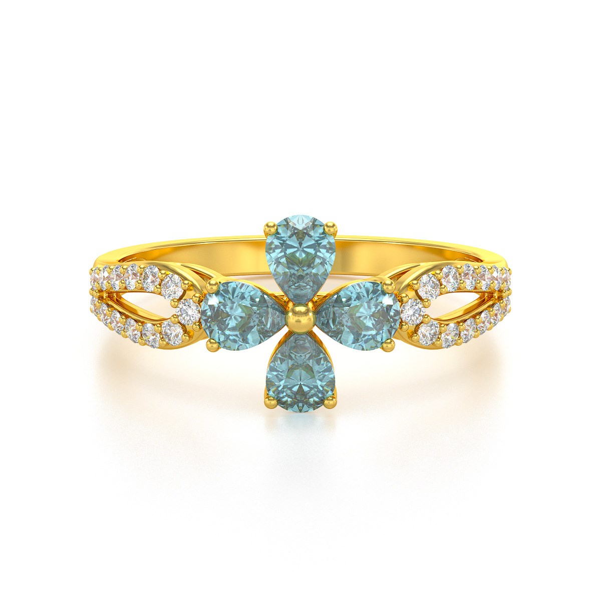 Bague ADEN Or 585 Jaune Fleur Aigue-Marine et diamants 1.95grs