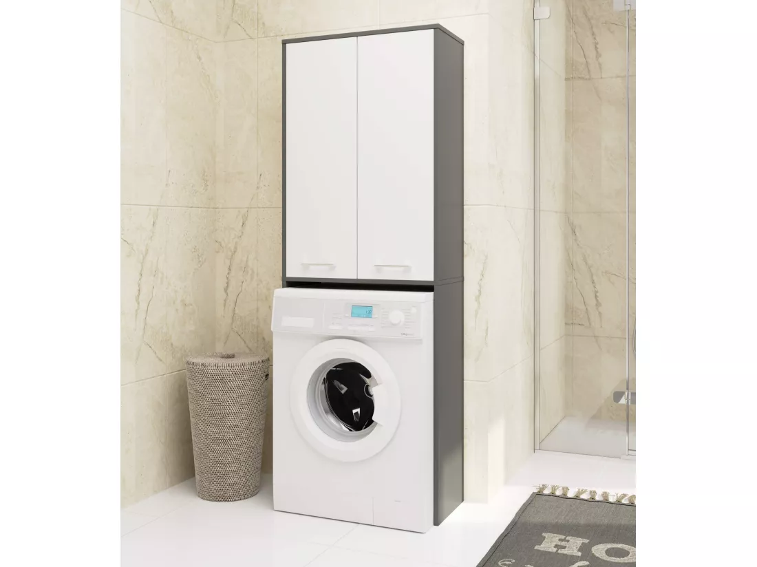 Meuble pour machine à laver FIN Gris Graphite 64 cm 2 portes façade Blanche 4 étagères 64x30x180 cm