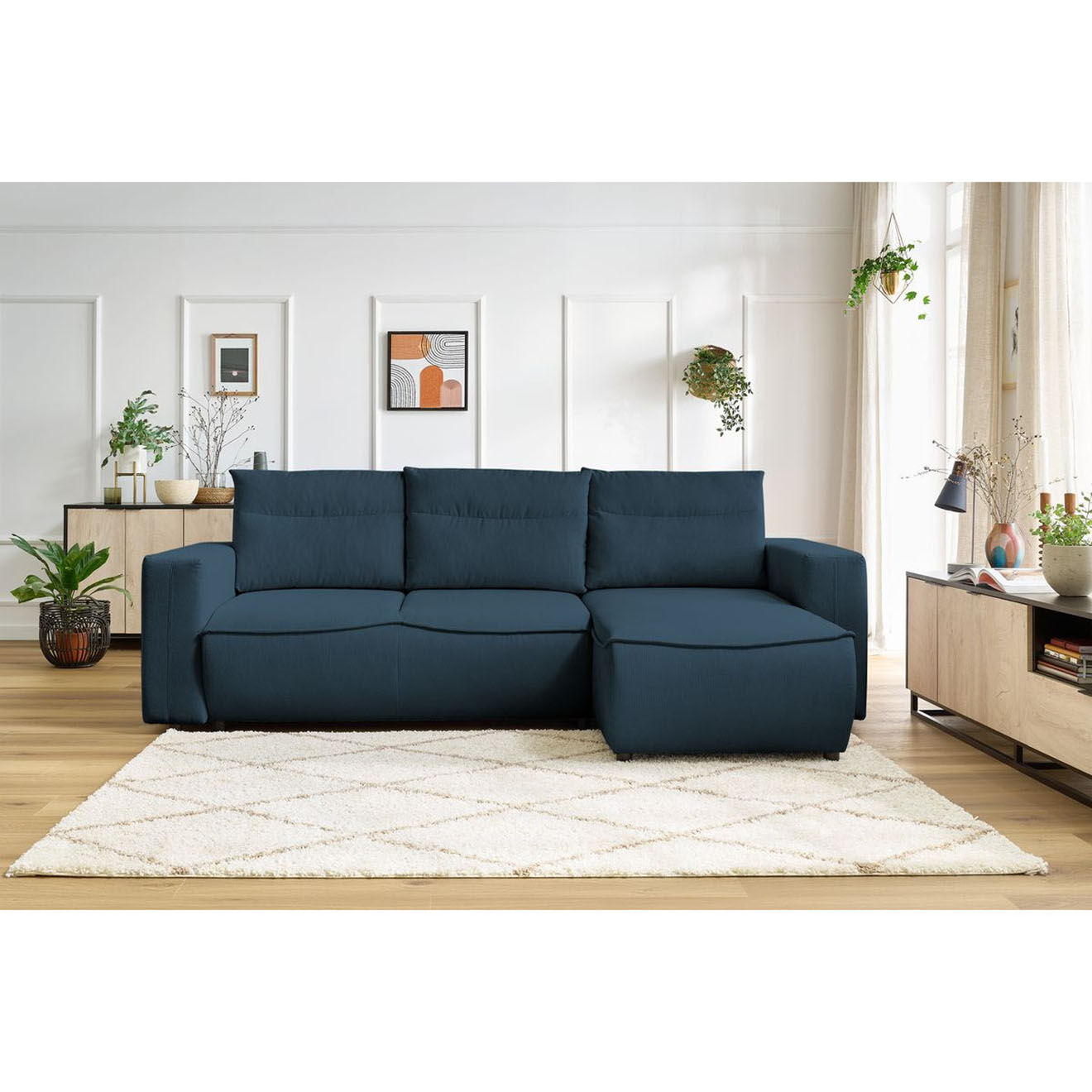 Bobochic Canapé d'angle droit convertible coffre jasmin velours côtelé bleu foncé - 256x158x90 cm