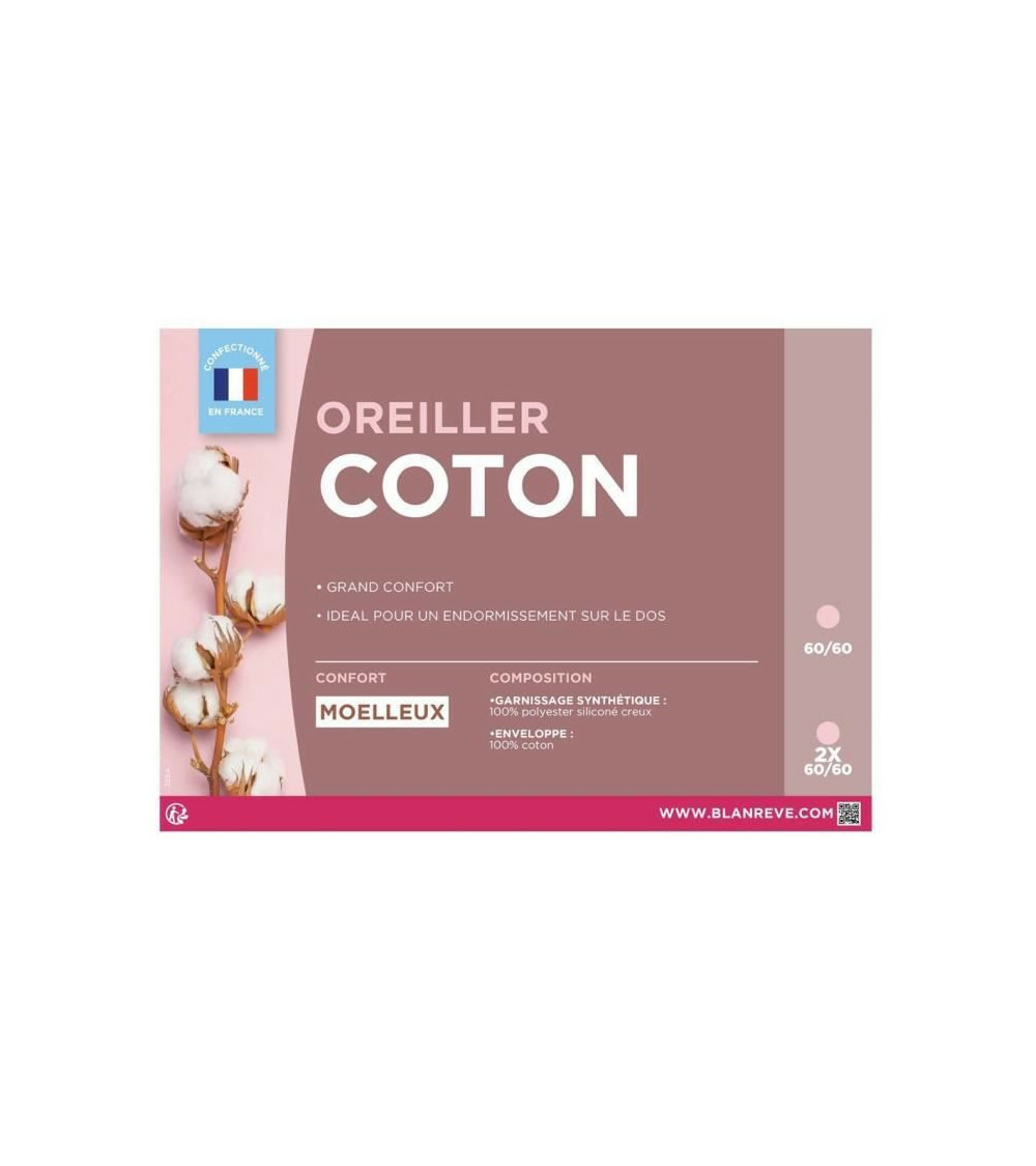 Lot de 2 oreillers en coton - 60 x 60 cm - blanc